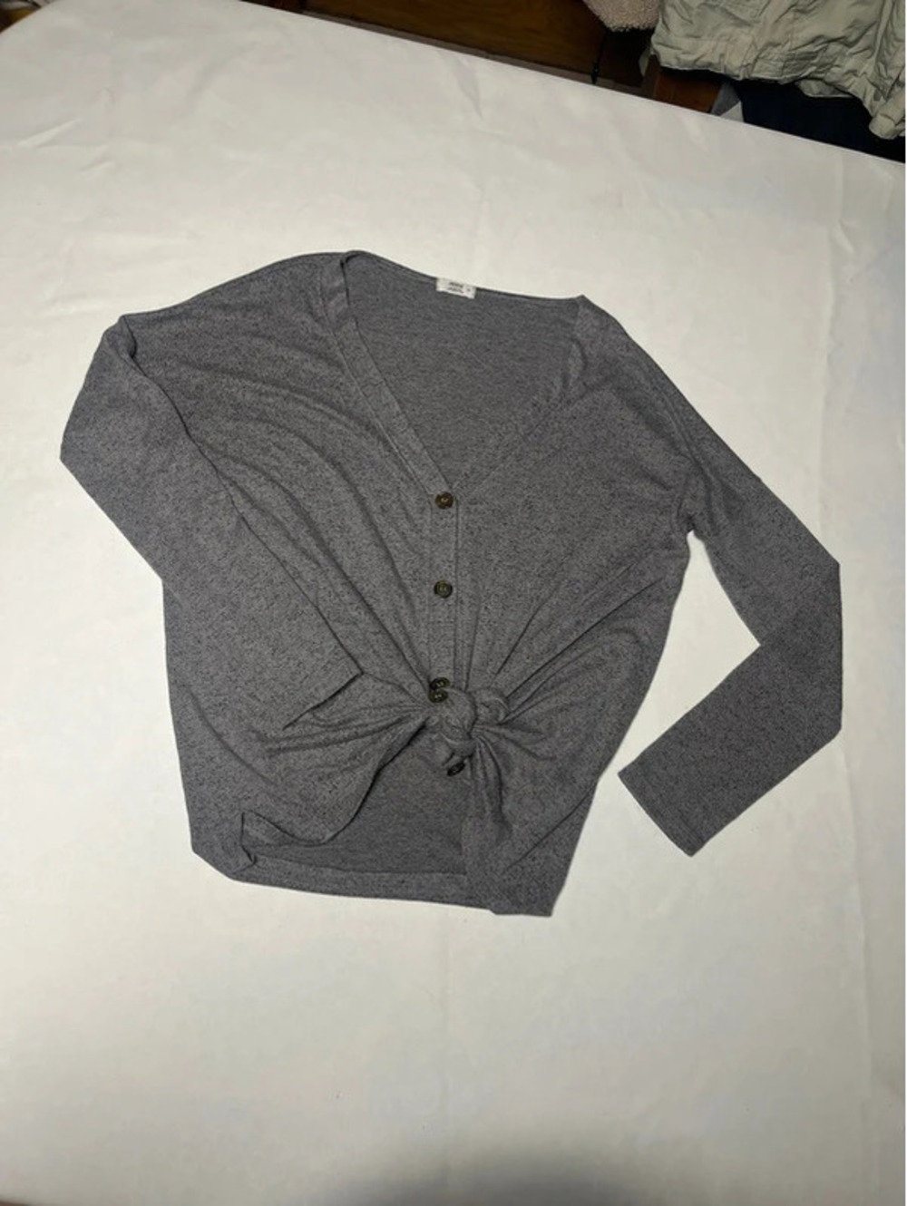Women’s Small gray sweater, lightweight buttons tied ardent